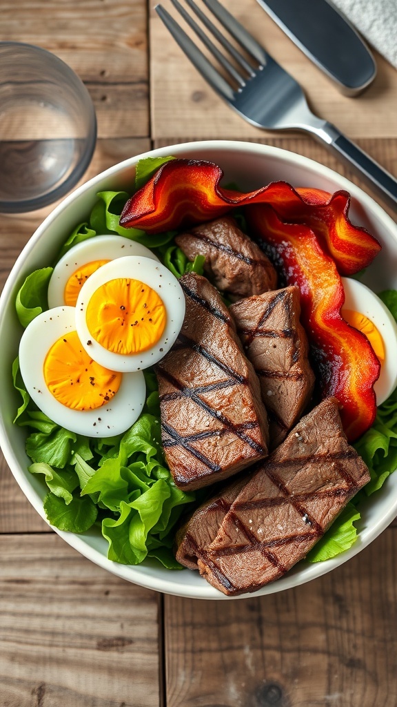 Carnivore Diet Lunch Bowl A carnivore lunch bowl with steak, bacon, and hard-boiled eggs on leafy greens.